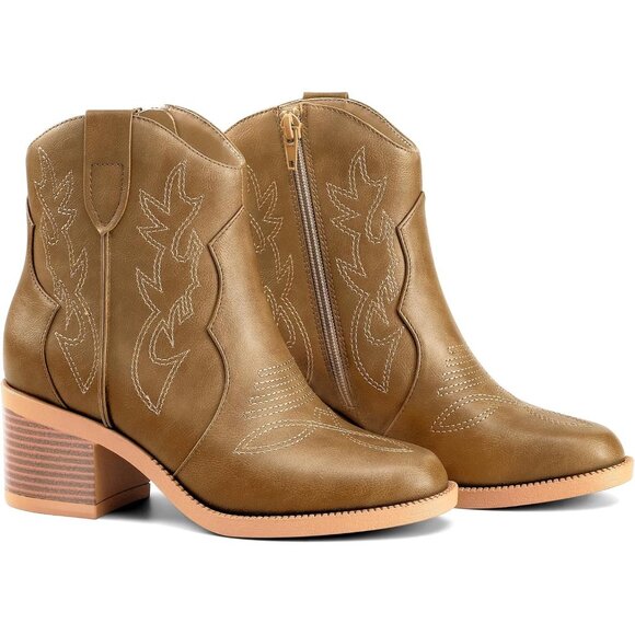 Women Polyurethane Mocha Embroidered Round Toe Short Ankle Chunky Heel Boot - Picture 2 of 7